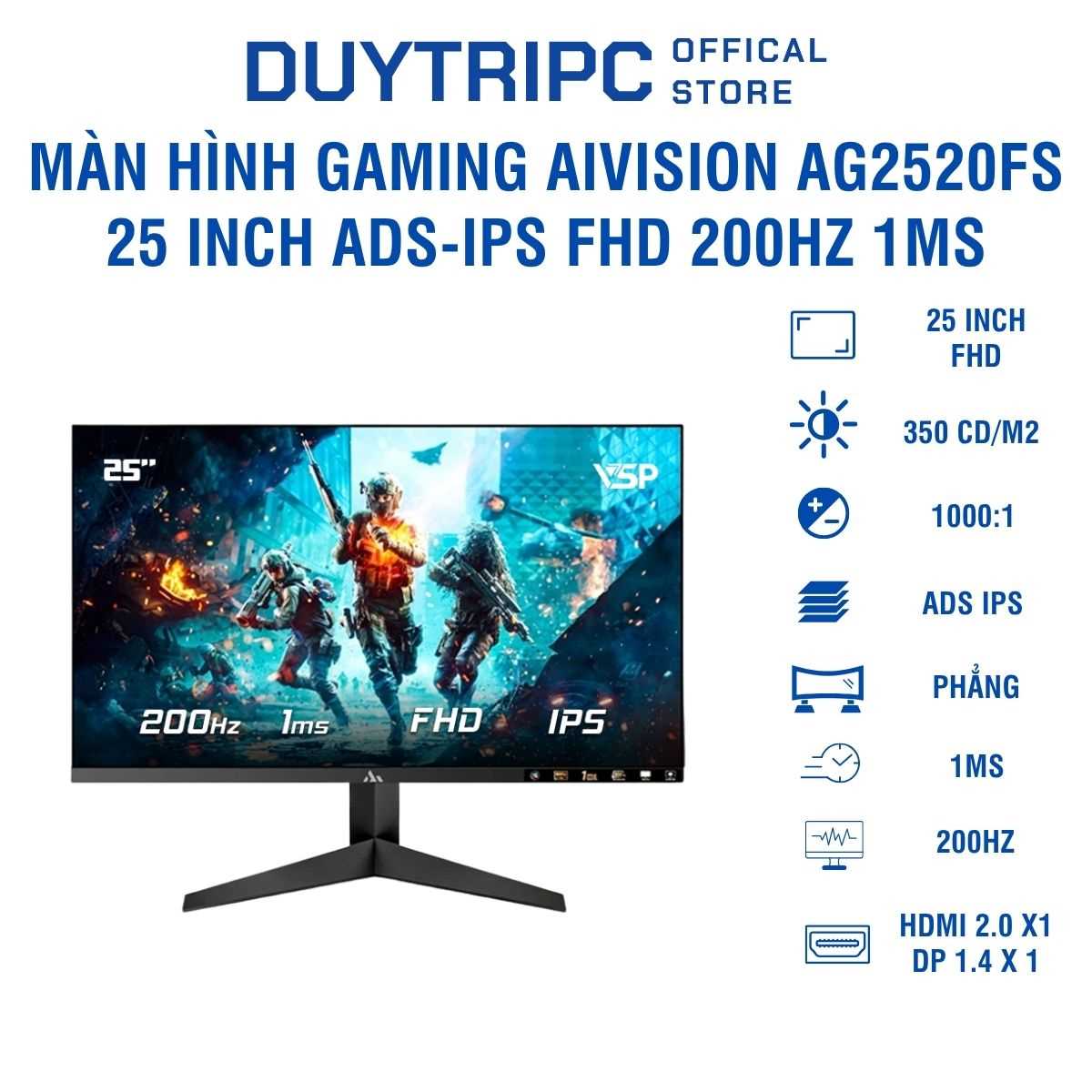 Màn Hình Gaming AiVision AG2520FS 25 Inch ADS-IPS FHD 200Hz 1ms – Chiến Game Siêu Mượt, Hình Ảnh Sắc Nét